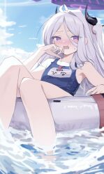 1girl absurdres ahoge bare_arms bare_shoulders black_halo blue_archive blue_sky blush cloud cloudy_sky collarbone demon_girl demon_horns flat_chest hair_between_eyes hair_ornament hairclip halo hand_on_own_face hand_up highres hina_(blue_archive) hina_(swimsuit)_(blue_archive) horns innertube loli long_hair official_alternate_costume old_school_swimsuit open_mouth purple_eyes school_swimsuit side_ponytail sky solo sunlight supic1711 sweat sweatdrop swim_ring swimsuit thighs very_long_hair water whistle whistle_around_neck white_hair white_innertube