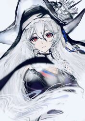 1girl absurdres arknights black_hat breasts cleavage cleavage_cutout clothing_cutout fog grey_hair hair_between_eyes hat highres long_hair looking_at_viewer open_mouth pointy_hat puffy_sleeves red_eyes shoulder_cutout simple_background solo specter_(arknights) specter_the_unchained_(arknights) turtleneck upper_body very_long_hair white_background wwvc7qr8fvifxz
