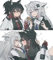 2girls alcohol animal_ears arknights black_coat black_hair black_nails black_shirt blue_eyes blue_necktie bottle closed_mouth coat collared_shirt commentary cup drinking_glass drunk eye_contact finger_in_another&#039;s_mouth gloves heart highres jacket lappland_(arknights) long_hair looking_at_another multiple_girls necktie one_eye_closed open_collar ponytail pouring red_gloves red_necktie red_wine seri_(vyrlw) shirt simple_background smile squeans symbol-only_commentary texas_(arknights) white_background white_hair white_jacket wine wine_bottle wine_glass wolf_ears yuri