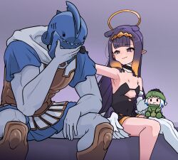 armor black_dress blue_hair blunt_bangs breastplate comforting corinthian_helmet detached_sleeves dress gawr_gura gloves gradient_hair greek_armor greek_helmet halo helmet hololive hololive_english linothorax long_hair moral_cacoethes multicolored_hair ninomae_ina&#039;nis ninomae_ina&#039;nis_(1st_costume) orange_hair pointy_ears purple_background purple_hair sidelocks sitting skirt tears tentacle_hair very_long_hair virtual_youtuber wings