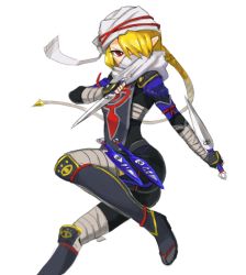 1girl 2015 arm_wrap ass blonde_hair bodysuit braid braided_ponytail hair_over_one_eye holding holding_weapon hyrule_warriors knife kunai leg_wrap long_hair ninja nintendo red_eyes sandals sarashi sheik solo tabard the_legend_of_zelda the_legend_of_zelda:_ocarina_of_time turban weapon white_background