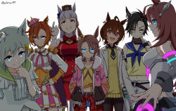 &gt;:) 6+girls :d absurdres agnes_tachyon_(umamusume) ahoge air_shakur_(umamusume) animal_ears asymmetrical_clothes bare_shoulders black_hair black_pantyhose black_shirt blue_eyes blue_pants blue_sailor_collar breasts brown_eyes brown_hair brown_hat brown_sweater chokin_tsucho closed_mouth collared_shirt commentary_request crown denim dress ear_covers eyebrow_piercing face_piercing flower fur-trimmed_jacket fur_trim gloves glowing glowing_eyes gold_ship_(umamusume) green_sailor_collar grey_hair hair_between_eyes hair_flower hair_ornament hat highres horse_ears jacket jeans lab_coat large_breasts leotard long_hair medium_breasts mihono_bourbon_(umamusume) mini_crown mini_hat multiple_girls narita_taishin_(umamusume) navel open_clothes open_mouth pants pantyhose parted_bangs piercing pink_jacket pleated_skirt purple_eyes red_dress red_eyes sailor_collar seiun_sky_(umamusume) shirt simple_background single_pantsleg skirt sleeveless sleeveless_shirt smile sweater t.m._opera_o_(umamusume) tilted_headwear twitter_username umamusume v-shaped_eyebrows very_long_hair white_background white_gloves white_leotard white_pantyhose white_shirt yellow_flower yellow_shirt
