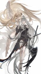 2girls absurdly_long_hair absurdres arknights black_dress blonde_hair chinese_commentary chunbuchou cloak commentary_request dress floating_hair grey_hair hair_spread_out highres horns horns_through_headwear infection_monitor_(arknights) long_hair multiple_girls nightingale_(arknights) nightingale_(iakhu_of_flows)_(arknights) official_alternate_costume pointy_ears ponytail shining_(arknights) shining_(silent_night)_(arknights) simple_background sword torn_clothes very_long_hair weapon white_background white_dress white_hair wings