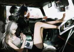 2girls absurdres ahoge alcohol alternate_costume animal_ear_fluff animal_ears arknights ashtray bare_arms bare_legs bare_shoulders barefoot beer beer_bottle belt between_fingers black_belt black_hair black_jacket black_nails black_necktie black_pants black_shorts black_tail blood blood_splatter blowing blowing_smoke book book_stack bottle breasts bullet_hole buttoned_cuffs buttons camisole car_interior car_seat cigarette cigarette_butt closed_mouth collarbone collared_shirt commentary cursive curtains dashboard deatiose dress_shirt drink driving english_commentary english_text feet feet_on_dashboard fingernails floating_hair formal_clothes from_side full_body gear_shift grey_eyes grey_hair grey_tail hair_between_eyes hair_over_one_eye hands_up head_down high_collar highres holding holding_another&#039;s_tail holding_cigarette jacket knees knees_up lapels lappland_(arknights) layered_sleeves legs light_blush light_smile long_bangs long_hair long_sleeves looking_down lying medium_breasts messy_hair midriff_peek multicolored_hair multiple_girls multiple_swords multiple_weapons nail_polish necktie notched_lapels on_back open_book open_clothes open_jacket outstretched_arm pale_skin pants profile rear-view_mirror red_hair revision scar scar_on_arm seatbelt shade shadow shirt shirt_tucked_in short_shorts shorts simple_background sitting smoke smoke_trail smoking spaghetti_strap steering_wheel straight_hair streaked_hair suit swept_bangs sword tail texas_(arknights) thighs toes two-tone_hair upper_body weapon white_background white_camisole white_shirt windshield wing_collar wolf_ears wolf_girl wolf_tail