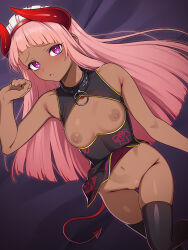 1girl arched_bangs black_thighhighs blunt_ends breasts breasts_out commission dark-skinned_female dark_skin demon_girl demon_horns demon_tail highres horns long_hair navel nipples open_mouth original pink_hair purple_eyes pussy red_horns red_tail skeb_commission skindentation small_breasts solo tail thighhighs yotubeya