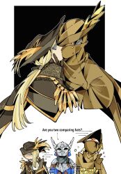 Rule 34 | 1girl, armor, ascot, blindfold, blonde hair, blush, brother and sister, drenched-in-sunlight, duchess (elden ring), elden ring, elden ring nightreign, helmet, highres, ironeye (elden ring), kiss, long hair, mask, ponytail, siblings, simple background, white ascot, wylder (elden ring)