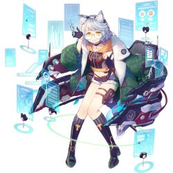 1girl animal_ears aqua_hair artist_request belt belt_buckle belt_pouch black_boots black_choker black_gloves boots brown_belt brown_hoodie buckle buttoned_cuffs buttons chair chart checkmark choker claws coat collar collarbone collared_coat cropped_hoodie denim denim_shorts drawstring final_gear floating floating_object fox_ears frown full-length_zipper full_body fur-trimmed_shorts fur_trim glasses gloves gold_buckle graph green_coat green_sleeves grey_socks hair_ears hairband highres hood hoodie knees_together_feet_apart leg_belt legs looking_at_viewer map midriff multicolored_boots multicolored_hoodie navel official_art pinstripe_socks pouch puffy_coat puffy_collar rigging rimless_eyewear round_eyewear screen short_shorts shorts simple_background socks solar_system solo striped_clothes striped_socks sun_symbol swept_bangs tachi-e thigh_pouch third-party_source transparent_background two-tone_boots veronica_(final_gear) vertical-striped_clothes vertical-striped_socks white_collar white_hairband yellow_eyes yellow_hood zipper zipper_pull_tab