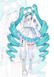 Rule 34 | 1girl, absurdres, aqua eyes, aqua hair, belt, boots, bow, cute x subculture hatsune miku design contest, dress, fashion, frilled sleeves, frills, hair bow, hashtag-only commentary, hatsune miku, highres, lolita fashion, long hair, long sleeves, looking at viewer, mushipan (mushipann26), ringlets, solo, sweet lolita, twintails, very long hair, vocaloid, wallet chain, white boots, white bow, white dress, zoom layer