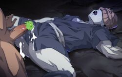2boys anus ass beanie beige_hat black_background blue_kimono censored character_request colored_skin colored_tongue commentary covered_eyes cum cum_dripping_from_anus cum_in_ass cum_on_body cum_on_clothes cum_on_lower_body cum_on_male cumdrip dragon_ball drooling grey_skin hand_on_another&#039;s_thigh hat hat_over_eyes japanese_clothes kimono legs_apart lying male_focus multiple_boys muscular muscular_male oguri_shun on_back on_ground open_mouth pectoral_cleavage pectorals purple_tongue sash short_sleeves solo_focus spread_legs sweat teeth torn_clothes torn_hat white_sash yaoi