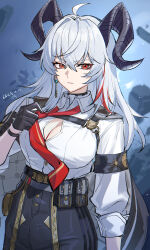 1girl absurdres ahoge armband black_gloves breasts chest_harness cleavage dated earrings gloves hair_between_eyes harness highres horns jewelry large_breasts long_sleeves multicolored_hair necktie pouch red_hair red_necktie shirt solo streaked_hair upper_body wangqi white_hair white_shirt wuthering_waves zani_(wuthering_waves)