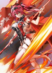 1girl armor black_bow boots bow breastplate breasts commentary_request grin hair_bow hair_ornament hairband high_heel_boots high_heels highres holding holding_polearm holding_weapon ishida_katsuzane large_breasts long_hair looking_at_viewer lupa_(wuthering_waves) metal_hairband multiple_hair_bows polearm red_sash sash smile solo tacet_mark_(wuthering_waves) thigh_boots weapon white_boots wuthering_waves yellow_eyes