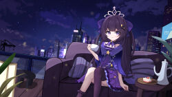 1girl absurdres amaki-aria building city_lights cityscape couch cup dress hair_ornament hairclip highres long_hair night night_sky on_couch original purple_eyes purple_hair railing single_thighhigh sitting sky smile solo thighhighs wooden_floor