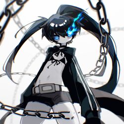 Rule 34 | 1girl, bikini, black hair, black rock shooter, black rock shooter (character), black shorts, blue eyes, blue fire, chain, fire, flaming eye, glowing, glowing eye, highres, long hair, mukimukimuttyo, no shirt, pale skin, scar, shorts, solo, swimsuit, twintails, uneven twintails