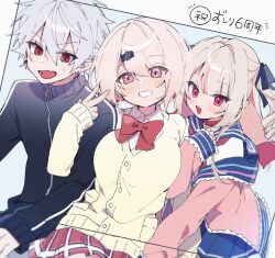 1boy 2girls black_jacket black_ribbon bow bowtie breasts cardigan choker collared_shirt commentary_request ear_piercing fang grey_hair grin hair_between_eyes hair_ornament hair_ribbon hairclip highres jacket kuzuha_(1st_costume)_(nijisanji) kuzuha_(nijisanji) large_breasts long_hair long_sleeves looking_at_viewer makaino_ririmu makaino_ririmu_(4th_costume) multiple_girls nekojiri nijisanji open_mouth piercing pink_eyes plaid_clothes plaid_skirt pointy_ears red_bow red_bowtie red_choker red_eyes ribbon sailor_collar school_uniform shiina_yuika shiina_yuika_(1st_costume) shirt short_hair skin_fang skirt sleeves_past_wrists smile track_jacket two_side_up v virtual_youtuber white_shirt yellow_cardigan