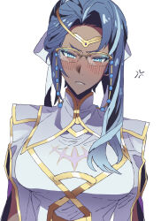 1girl anger_vein aqua_eyes aqua_hair blue_hair blue_lips blush breasts circlet closed_mouth dark-skinned_female dark_skin fire_emblem fire_emblem_heroes glasses gold_trim heimdallr_(fire_emblem) highres large_breasts lipstick long_hair looking_at_viewer makeup multicolored_hair nintendo simple_background solo tsujii_luki two-tone_hair white_background