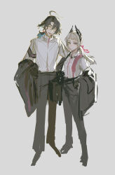 1boy 1girl :d ^_^ absurdres aqua_hair arknights black_hair blush chinese_commentary closed_eyes closed_mouth commentary_request full_body grey_background grey_eyes grey_hair hair_ribbon highres irene_(arknights) long_hair looking_at_viewer lumen_(arknights) muli_xiao_die multicolored_hair open_mouth pink_ribbon pointy_ears ribbon scar scar_across_eye scar_on_face shirt short_hair simple_background sketch smile standing streaked_hair unfinished white_shirt