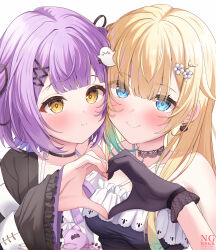 2girls aizawa_ema aizawa_ema_(1st_costume) black_choker black_gloves black_jacket black_ribbon blonde_hair blush choker closed_mouth earrings ghost_hair_ornament gloves gradient_hair green_eyes green_hair hair_ornament hair_ribbon hair_tie heart heart_hands heart_hands_duo highres jacket jewelry long_hair looking_at_viewer multicolored_hair multiple_girls purple_eyes purple_hair ribbon shinomiya_runa shinomiya_runa_(1st_costume) spaghetti_strap suicabar72 two-tone_hair virtual_youtuber vspo! watermark white_background x_hair_ornament