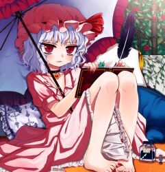 1girl :3 barefoot berensu between_legs black_choker book bookmark choker collarbone collared_dress cross-shaped_pupils dress eyes_visible_through_hair fang fang_out fingernails flower frilled_pillow frilled_umbrella frills from_side full_body gem hands_up hat hat_ribbon highres holding holding_book holding_quill indoors ink inkwell inkwell jewelry knees_up leaning_back light_purple_hair long_fingernails looking_at_viewer mob_cap nail_polish open_book parasol parted_lips pendant pendant_choker petticoat pillow pink_dress pink_hat plant print_pillow puffy_short_sleeves puffy_sleeves quill red_eyes red_flower red_nails red_ribbon red_rose remilia_scarlet ribbon ribbon-trimmed_headwear ribbon_trim rose shade sharp_fingernails sharp_toenails short_dress short_hair short_sleeves sitting solo symbol-shaped_pupils tassel thick_eyelashes toenail_polish toenails toes touhou umbrella vines wavy_hair window writing