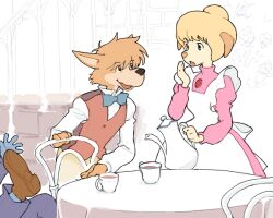 1girl 2boys apron blonde_hair blue_eyes body_fur brown_eyes brown_vest chair cup dog_boy dog_girl dress furry furry_male juliet_sleeves kikurage_(crayon_arts) long_sleeves marie_hudson meitantei_holmes multiple_boys orange_fur outdoors pink_dress puffy_sleeves sherlock_holmes_(meitantei_holmes) shirt short_hair table tea teacup teapot vest white_apron white_shirt