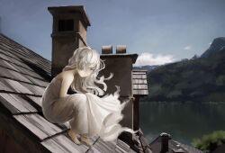 1girl barefoot blue_eyes blue_sky blush chimney commentary day dress fantasy floating_hair foliage from_side full_body hair_over_one_eye highres ito_(silva) knees_up lake long_hair looking_at_viewer looking_to_the_side mountainous_horizon on_roof one_eye_covered original outdoors roof scenery sitting sitting_on_roof sky smile solo strapless strapless_dress tile_roof white_dress white_hair wind
