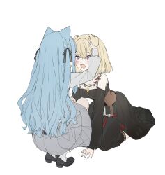 Rule 34 | 2girls, absurdres, animal ears, ascot, bang dream!, bang dream! it&#039;s mygo!!!!!, black dress, black shoes, blonde hair, blue hair, blush, brown corset, cat ears, chinese commentary, commentary request, corset, dahan jax, dog ears, doloris (bang dream!), dress, full body, grey skirt, hair ears, hair ribbon, hand on another&#039;s head, hand on own knee, headpat, heic-to-png conversion, highres, kemonomimi mode, kneeling, loafers, long sleeves, looking at another, md5 mismatch, misumi uika, multiple girls, open mouth, puffy long sleeves, puffy sleeves, purple eyes, ribbon, shoes, simple background, skirt, socks, squatting, togawa sakiko, white ascot, white background, white socks