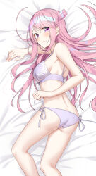 1girl absurdres ass bare_arms bare_legs bare_shoulders bed_sheet blush bra breasts closed_mouth embarrassed feet_out_of_frame floral_print floral_print_bra hair_rings hair_spread_out highres kamagaya_momoka kamikakushi_no_eden large_breasts lavender_bra long_hair looking_at_viewer lying medium_breasts on_side panties pink_eyes pink_hair print_bra purple_bra purple_panties raised_inner_eyebrows sahara386 side-tie_panties solo strap_gap strap_pull swept_bangs underwear underwear_only wavy_mouth