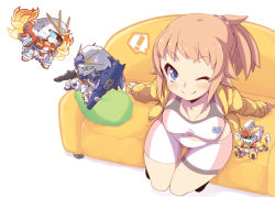 Rule 34 | !, 10s, 1girl, beam rifle, bike shorts, blue eyes, blush, breasts, build burning gundam, chibi, couch, crazy developers, energy gun, from above, gundam, gundam build fighters, gundam build fighters try, haro, hoshino fumina, large breasts, lightning gundam, midriff, navel, one eye closed, orange hair, ponytail, shield, sitting, sweatdrop, thigh gap, weapon, winning gundam