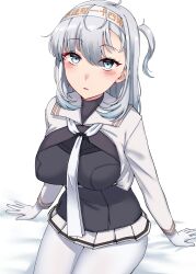 Rule 34 | 1girl, absurdres, breasts, dress, gloves, green eyes, grey dress, grey hair, hairband, highres, kantai collection, kiritto, medium breasts, medium hair, neckerchief, one side up, original remodel (kantai collection), pantyhose, shrug (clothing), simple background, solo, suzutsuki (kancolle), white background, white gloves, white hairband, white neckerchief, white pantyhose, white shrug