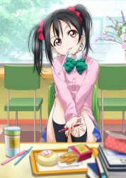 1girl anime_coloring bendy_straw black_hair black_socks blue_skirt book book_stack bow bowtie burger cardigan chair collared_shirt convenient_censoring convenient_leg cup diagonal-striped_bow diagonal-striped_bowtie diagonal-striped_clothes disposable_cup dress_shirt drink drinking_straw fast_food flower food french_fries green_bow green_bowtie hair_bow head_tilt holding holding_pen kneehighs long_sleeves love_live! love_live!_school_idol_festival love_live!_school_idol_project miniskirt mouth_hold nishida_asako notebook official_art on_chair otonokizaka_school_uniform own_hands_together pen pencil_case pink_cardigan plaid_clothes plaid_skirt plant pleated_skirt purple_flower purple_rose red_bow red_eyes rose school_uniform shirt sitting skirt socks solo striped_clothes summer_uniform table thighhighs tray tree twintails vase white_shirt window yazawa_nico