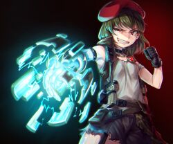 1girl armband beret black_armband black_choker black_gloves black_shorts black_vest breasts choker clenched_hand commentary cowboy_shot dark_background dark_persona energy english_commentary evil_smile gloves green_hair grey_shirt grin gun hand_up hat highres hold111 idol_heroes_(idolmaster) idolmaster idolmaster_million_live! jewelry looking_at_viewer medium_hair nagayoshi_subaru necklace red_eyes red_hat shirt shorts small_breasts smile solo tank_top vest weapon