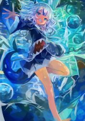 1girl absurdres air_bubble animal_costume blue_eyes blue_hair blue_hoodie bubble closed_mouth fins fish_tail gawr_gura gawr_gura_(1st_costume) grey_hair hair_ornament highres hololive hololive_english hood hoodie kaamin_(mariarose753) looking_at_viewer medium_hair multicolored_hair shark_costume shark_girl shark_hair_ornament shark_tail smile solo streaked_hair tail underwater virtual_youtuber