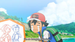 1boy 2girls :o ash_ketchum backpack bag baseball_cap bettie_(pokemon) cloud english_text fake_screenshot hat highres inset legacy321 male_focus mountain multiple_girls nintendo palm_tree pokemon pokemon_(anime) pokemon_journeys pokemon_masters_ex short_hair sky t_t tina_(pokemon) tree twitter_username wavy_mouth