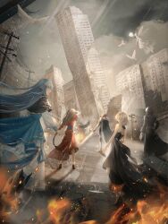 3boys 5girls bird black_dress black_jacket blonde_hair blue_dress blue_hair brown_hair cape copyright_name dove dress fire from_behind game_cg green_hair highres holding holding_sword holding_weapon insect_wings jacket long_hair miracle_nikki multiple_boys multiple_girls nikki_(series) nolwenn_(miracle_nikki) official_art pollution rain red_dress red_hair reflection reflective_water ruins shadow short_hair sunlight sword third-party_source weapon wings