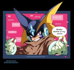 1boy artist_name bass.exe_(mega_man) black_border black_helmet border brown_cloak cloak commentary english_text facial_mark fangs fins head_fins helmet highres male_focus mega_man_(series) mega_man_battle_network_(series) open_mouth pink_background pun red_eyes solo speech_bubble twitter_username upper_body windnevermind