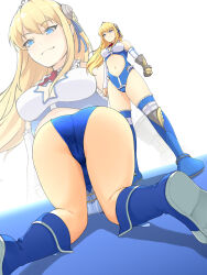 2girls ass blonde_hair blue_leotard boots catfight character_request clothing_cutout commission framed_breasts frills gauntlets highres kano_ruri leotard long_hair multiple_girls navel_cutout pixiv_commission ring_dream school_swimsuit single_gauntlet swimsuit tuzi717 unconscious wrestling zoom_layer