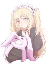 1girl arm_ribbon black_dress blonde_hair blue_eyes blush boku_wa_tomodachi_ga_sukunai child cropped_torso dress frilled_dress frilled_hairband frills gothic_lolita hairband hasegawa_kobato heterochromia highres hugging_doll hugging_object ichigomilk_610 lolita_fashion lolita_hairband long_hair long_sleeves looking_at_viewer neck_ribbon pout red_eyes red_ribbon ribbon simple_background solo stuffed_animal stuffed_rabbit stuffed_toy two_side_up upper_body watermark white_background