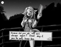 Rule 34 | 1girl, ?, alien, breasts, burger, character request, dialogue box, doodle inset, english text, food, forehead, forest, full moon, greyscale, high collar, highres, holding, holding tray, long hair, long sleeves, long tail, looking at viewer, medium breasts, momoiro (momoiro tosagare), monochrome, moon, nature, navel, night, night sky, open mouth, outdoors, pointy ears, radio antenna, railing, science fiction, shrimp, sky, solo, standing, star (sky), starry sky, tail, thick eyebrows, thighhighs, thighs, tray, voices of the void, whiskers