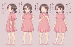 1girl 4040_(abonriya) bare_legs barefoot black_hair blush breasts commentary_request dress full_body hair_ornament hair_scrunchie heart idolmaster idolmaster_cinderella_girls looking_at_viewer multiple_views pink_dress rabbit_hair_ornament sasaki_chie scrunchie short_sleeves short_twintails small_breasts smile toes translation_request twintails