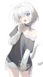 1girl absurdres bang_dream! bang_dream!_it&#039;s_mygo!!!!! black_choker black_shirt blue_eyes blush cat_tail choker coria cowboy_shot drawn_ears hair_between_eyes heterochromia highres kaname_raana kemonomimi_mode layered_sleeves long_sleeves open_mouth raana_the_cat shirt short_hair short_over_long_sleeves short_sleeves simple_background single_off_shoulder solo tail white_background white_hair white_shirt yellow_eyes