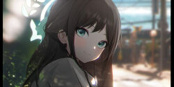 1girl absurdres airi_(blue_archive) blue_archive blurry blurry_background blush brown_hair closed_mouth green_eyes halo hayate_(1034853996) highres long_hair looking_at_viewer solo upper_body