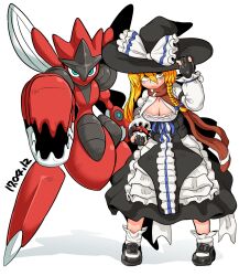 1girl apron black_gloves black_hair black_headwear blonde_hair blue_ribbon bow braid breasts center_frills cleavage cleavage_cutout closed_mouth clothing_cutout commentary_request cookie_(touhou) dated dress expressionless frills full_body gen_2_pokemon gloves hair_between_eyes hand_on_headwear hat hat_bow highres holding holding_poke_ball kirisame_marisa large_breasts long_bangs long_hair looking_at_viewer mars_(cookie) mega_pokemon mega_scizor nintendo partially_fingerless_gloves poke_ball pokemon pokemon_(creature) rei_no_himo ribbon scizor shirt shoes simple_background socks standing tetugakuzonbi touhou waist_apron white_background white_bow white_shirt white_socks witch_hat yellow_eyes