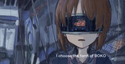 10s 1girl backwards_text blue_jacket cable commentary english_text facing_viewer fake_screenshot female_focus girls_und_panzer head-mounted_display jacket military military_uniform monolith_(suibou_souko) nishizumi_miho open_mouth ready_player_one short_hair sketch solo spoilers st._gloriana&#039;s_military_uniform standing subtitled throat_microphone