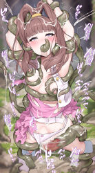 1girl absurdres amano_nene_(digimon_xros_wars) arms_up blush breasts brown_hair clothing_aside commentary_request cum cum_in_pussy digimon digimon_xros_wars ejaculation fellatio female_ejaculation fukuiii0110 highres long_hair medium_breasts nipples oral panties panties_aside purple_eyes restrained rolling_eyes solo stomach_bulge tentacle_sex tentacles torn_clothes underwear vaginal variant_set white_panties