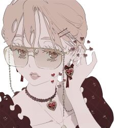 1girl bow bow_earrings brown_eyes brown_hair chain collarbone commentary earrings glasses hair_ornament hairpin heart heart_earrings highres jewelry mole necklace original parted_lips plaid_bow plaid_clothes plaid_sleeves portrait puffy_sleeves solo tinted_eyewear vivinos