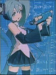 1girl bare_shoulders black_skirt black_sleeves black_thighhighs blue_eyes blue_hair blue_necktie blueprint_(object) blueprint_background crt detached_sleeves duct_tape gun hatsune_miku headset highres holding holding_gun holding_weapon homemade_gun necktie notfuji pleated_skirt scanlines skirt solo tape thighhighs trigger_discipline twintails vocaloid weapon