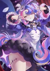 1girl absurdres black_collar chigusa7h collar commentary cowboy_shot dress eye_mask fur-trimmed_dress fur_trim hands_up heterochromia highres key_hair_ornament long_hair looking_at_viewer mask mask_on_head multicolored_hair nail_polish parted_lips pero_(wuthering_waves) pink_eyes pink_hair pink_nails purple_hair purple_shrug roccia_(wuthering_waves) short_dress solo symbol-shaped_pupils tacet_mark_(wuthering_waves) two-tone_hair very_long_hair white_dress wuthering_waves x-shaped_pupils yellow_eyes