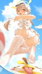 1girl ansauce ass bare_shoulders barefoot bikini blonde_hair blue_archive blue_sky blurry blurry_foreground blush breasts cloud cloudy_sky commentary_request day depth_of_field eyewear_on_head fang feet frilled_bikini frills from_behind from_below goggles hair_between_eyes hair_ornament halo hifumi_(blue_archive) hifumi_(swimsuit)_(blue_archive) highres long_hair looking_at_viewer looking_back low_twintails medium_breasts ocean off-shoulder_bikini off_shoulder official_alternate_costume one_eye_closed open_mouth outdoors peroro_(blue_archive) round_eyewear sky soles solo sunglasses swimsuit thighhighs thighs toes twintails water wet white_bikini white_thighhighs wing_hair_ornament winged_halo yellow_eyes yellow_halo