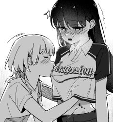 2girls bang_dream! bang_dream!_it&#039;s_mygo!!!!! blush breast_sucking breast_sucking_through_clothes chinese_commentary closed_eyes commentary_request grabbing_another&#039;s_breast greyscale groping hand_on_another&#039;s_shoulder hand_under_clothes hand_under_shirt highres kaname_raana long_hair monochrome multiple_girls nekohige0123 open_mouth shiina_taki shirt short_sleeves wolf_cut yuri