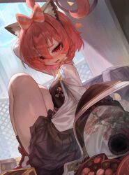 1girl ahoge animal_ears black_halo blue_archive box box_of_chocolates braid cat_ears chocolate floral_print_shirt halo heart-shaped_box highres huge_ahoge jacket long_hair m0_chi mole neru_(blue_archive) neru_(school_uniform)_(blue_archive) orange_hair pleated_skirt red_eyes school_uniform shirt shoes single_braid skirt sneakers sukajan unbuttoned unbuttoned_shirt white_shirt