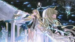 2girls akihare architecture bare_legs black_collar black_dress blonde_hair blue_eyes blue_hair breasts cartethyia_(wuthering_waves) chinese_commentary collar colored_inner_hair commentary_request crown_of_thorns dress dual_persona earrings fleurdelys_(wuthering_waves) highres holding holding_sword holding_weapon horns jewelry legs long_hair looking_ahead multicolored_hair multiple_girls necklace outstretched_arm parted_lips pointy_ears single_horn small_breasts statue sword tabard thighs very_long_hair weapon white_tabard wuthering_waves yellow_horns
